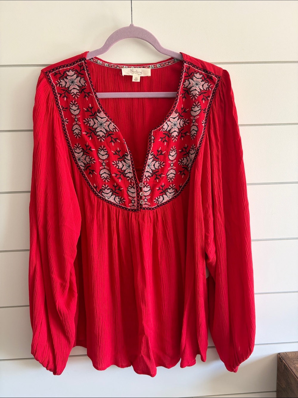 Nurture by Westbound Red Embroidered V-Neck Peasant Blouse NWT Size 1X